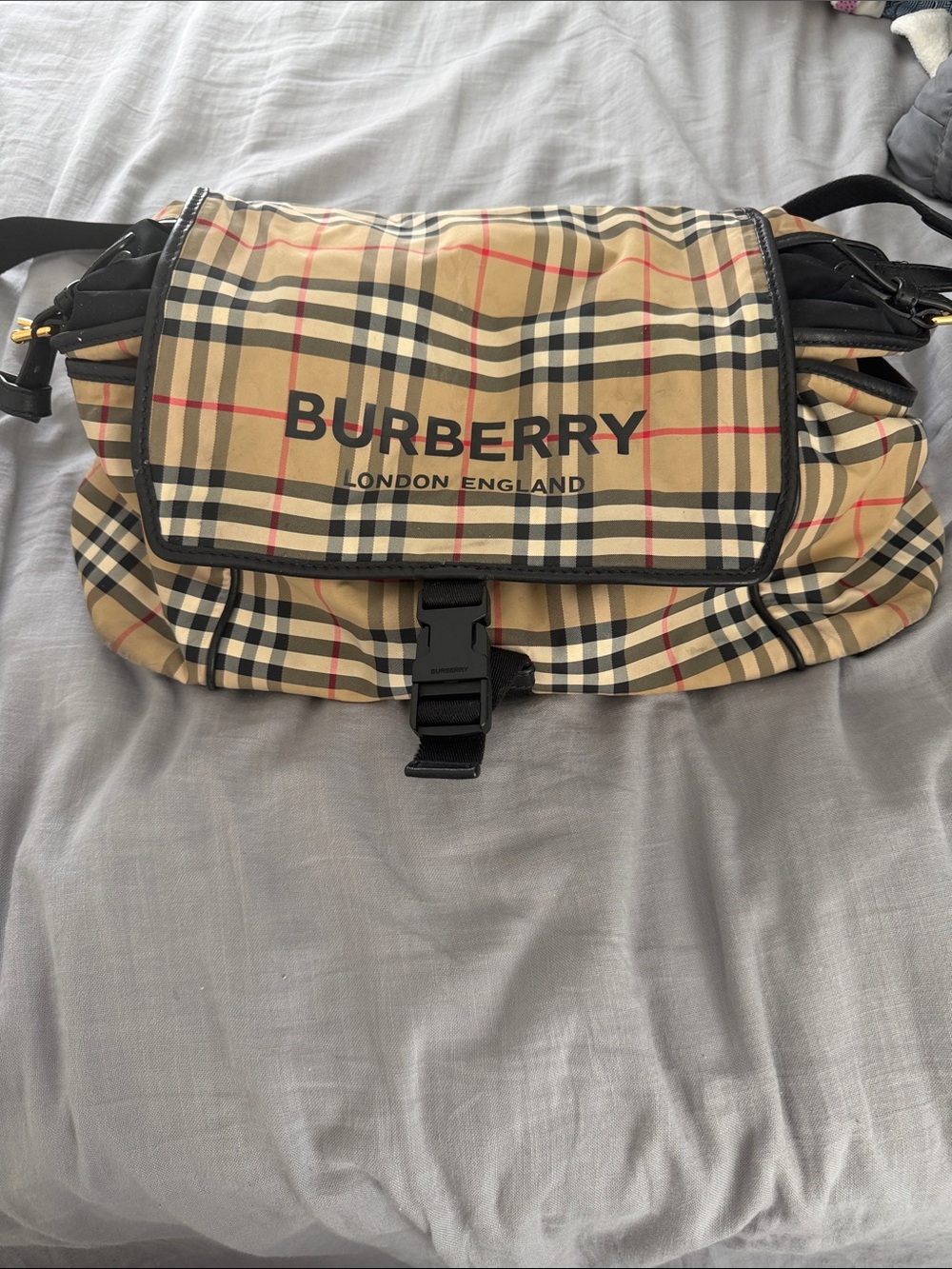 Baby Bag Burberry Tan Check Messenger Bag with Black Trim